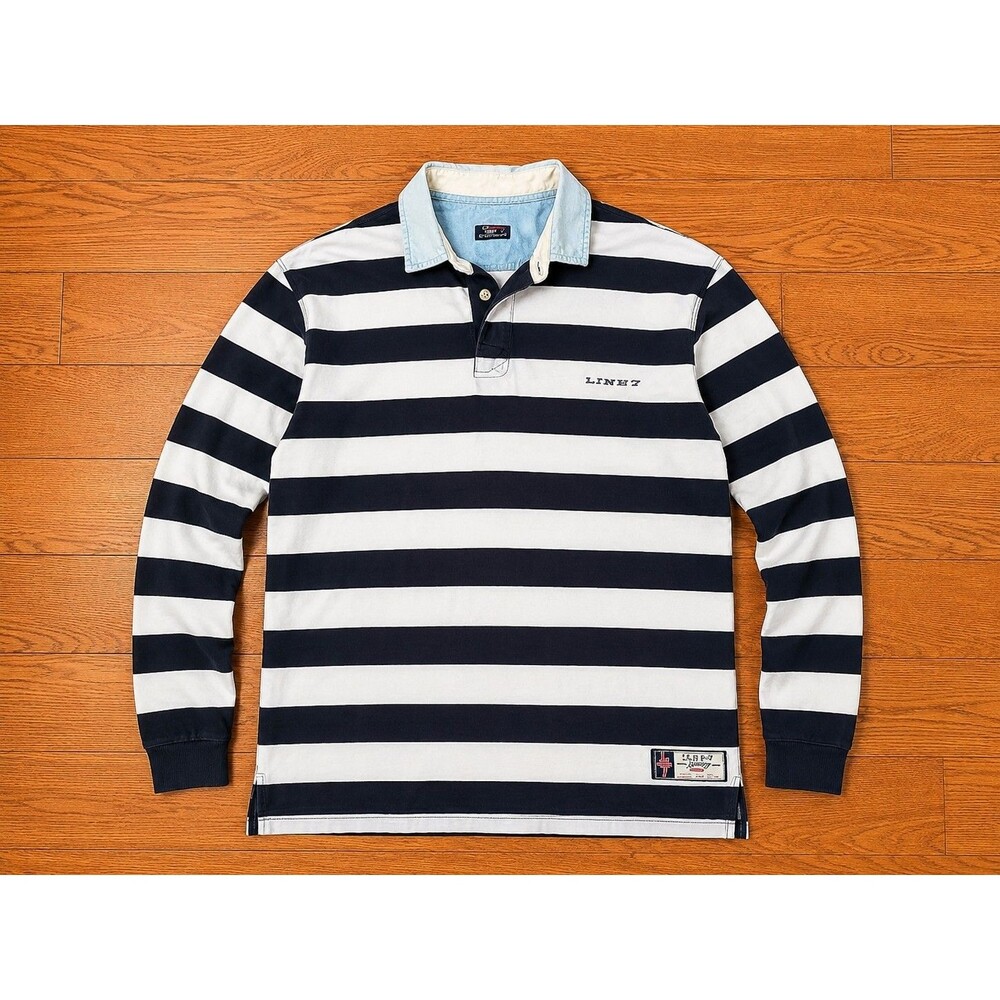 Vintage Line 7 Rugby Shirt XL Navy White Striped Long Sleeve Y2K Mens